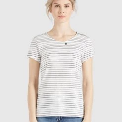 Brandneu 😉 Khujo RAFAELA - T-Shirt Print - Weiß-schwarz Gestreift, Damen 👏