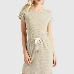 Neu 😍 Khujo ANNEMARIE - Jerseykleid - Weiß-ocker Gestreift, Damen 🔥